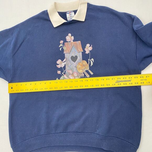 VTG Jerzees Bird Sweatshirt Birdhouse Collared Grandmacore 90s Blue Womens 2X - Picture 8 of 9